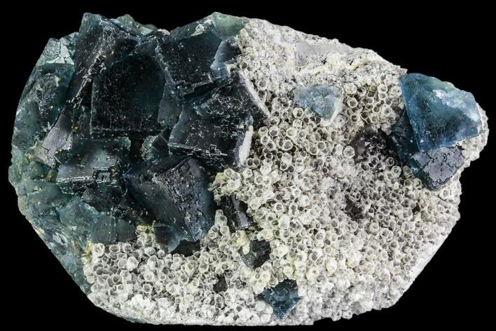 Cubic, Blue-Green Fluorite Crystals on Quartz - China #112417
